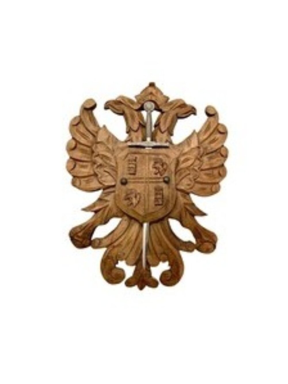 Shield Double Headed Eagle Hand Carved Wood with Sword Plaque Vintage Coat Arms